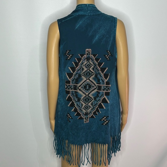 Vocal Turquoise Blue Rhinestone Studded Southwestern Fringe Open Vest - Picture 15 of 16